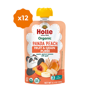 Organic Panda Peach Fruit & Grain Purée pouch for babies, featuring a cute panda design.