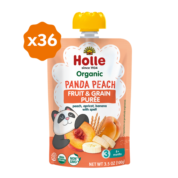 Organic Panda Peach Fruit & Grain Purée pouch at angle 6, perfect for healthy baby meals.