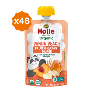 Organic Panda Peach Fruit & Grain Purée pouch at angle 7, showcasing healthy baby food in a vibrant design.