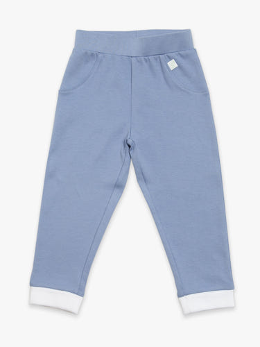 Organic cotton blue jogger pants for babies, soft and comfortable for everyday wear.