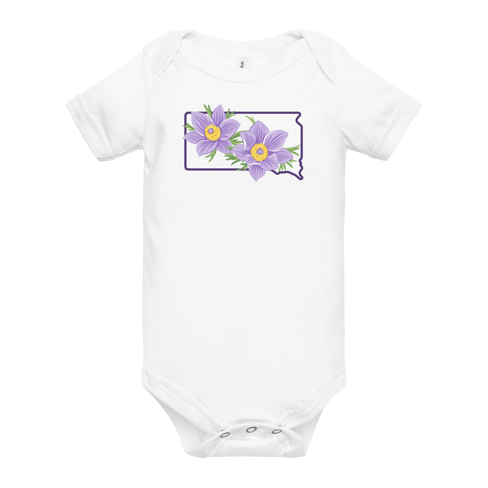 Pasqueflower short sleeve onesie for babies, featuring a cute floral design and soft fabric. Perfect for comfort and style.