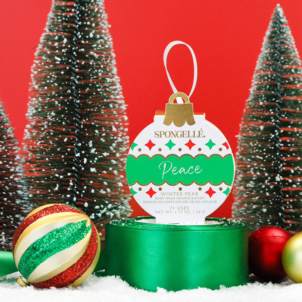 Peace Winter Pear Holiday Ornament - Body Wash Infused Buffer for a soothing bath experience.