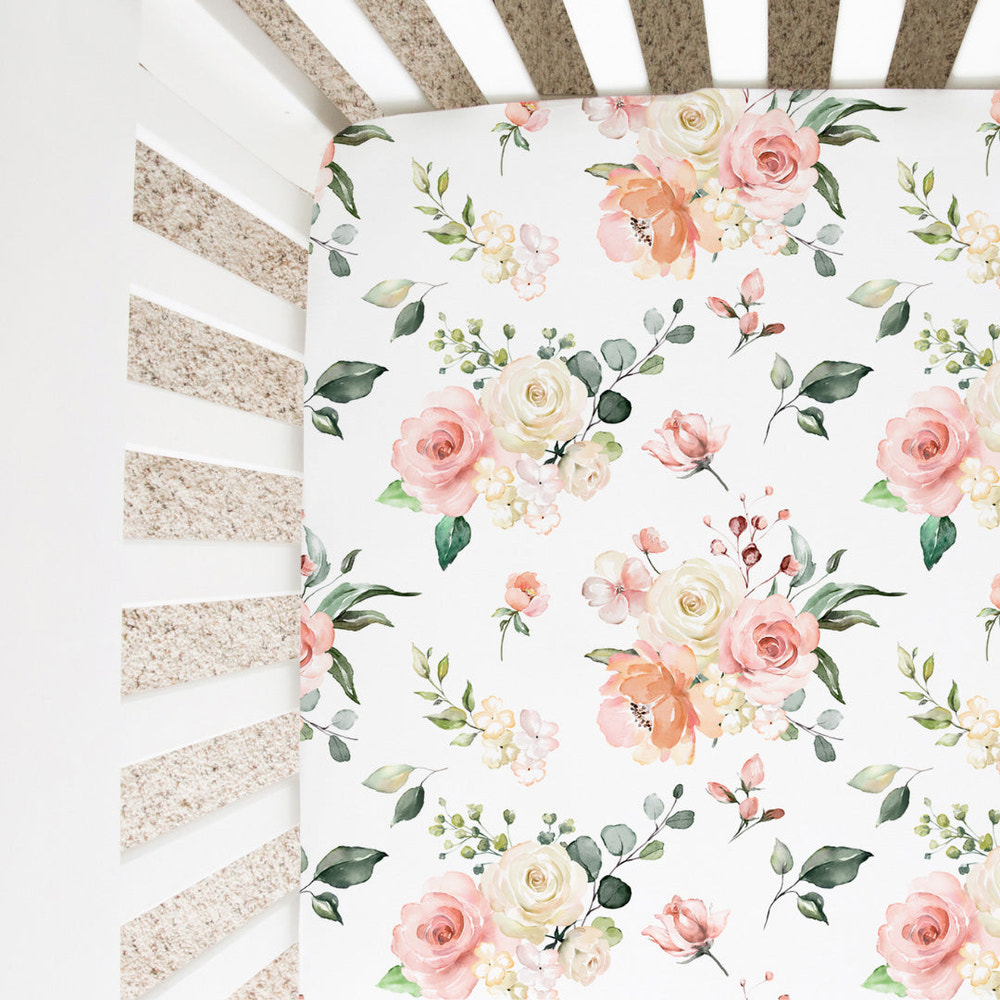 Peach Floral Fitted Crib Sheet - MOOGCO Baby