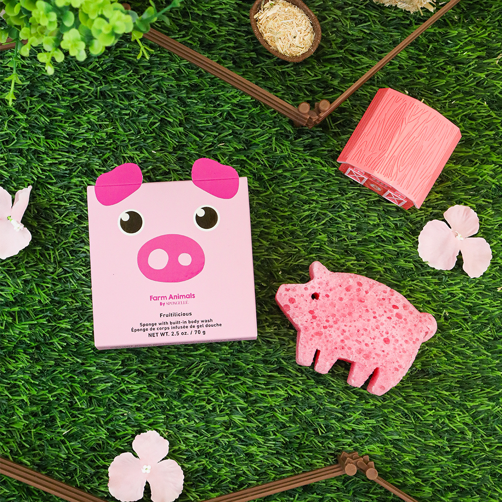 Peggy Pig Body Wash Infused Buffer - Fun farm animal bath accessory for gentle cleansing and playful bath time.