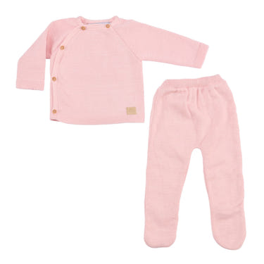 Girls pink organic cotton knit set for babies and toddlers by PETIT SWEENY. Soft, stylish, and eco-friendly ensemble.