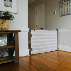 Stylish Crypton® Fabric Baby & Pet Safety Gate, stain-resistant, PFAS-free, fits openings 27.6"-55", 33" tall.