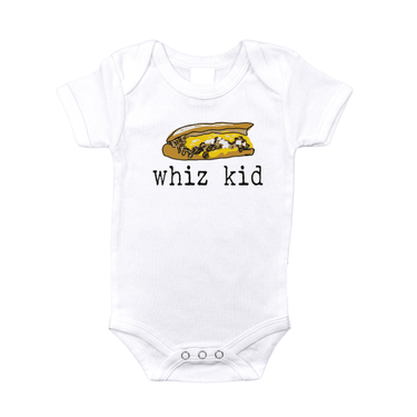 Philly Whiz Kid short sleeve onesie for babies, featuring a playful design and soft fabric. Perfect for everyday wear.