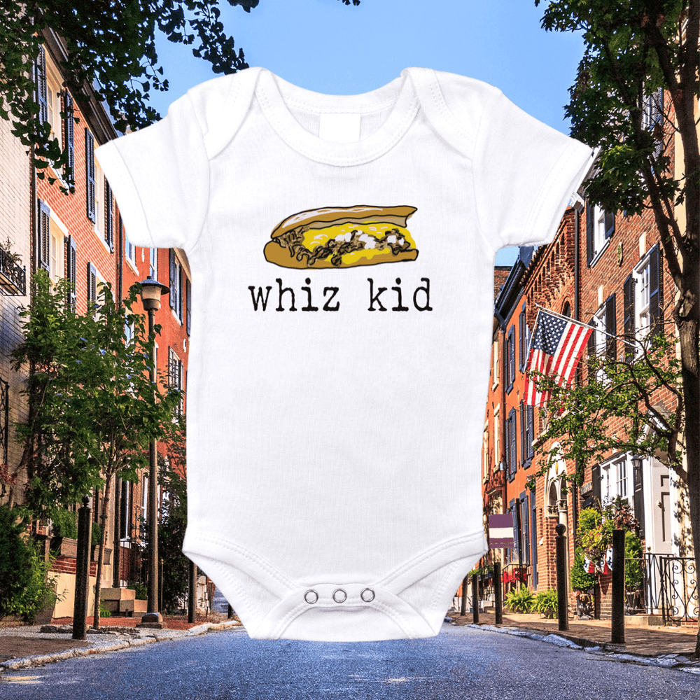 Philly Whiz Kid short sleeve onesie for babies, featuring a playful design and soft fabric. Perfect for everyday wear.