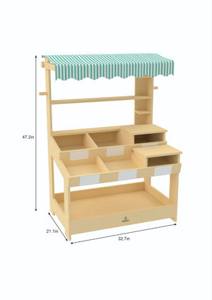 Cypress Wooden Market Stand for kids' pretend play, featuring storage, showcased from angle 8.