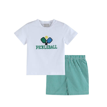 Baby Pickleball T-Shirt and Green Gingham Shorts Set for stylish playtime fun.