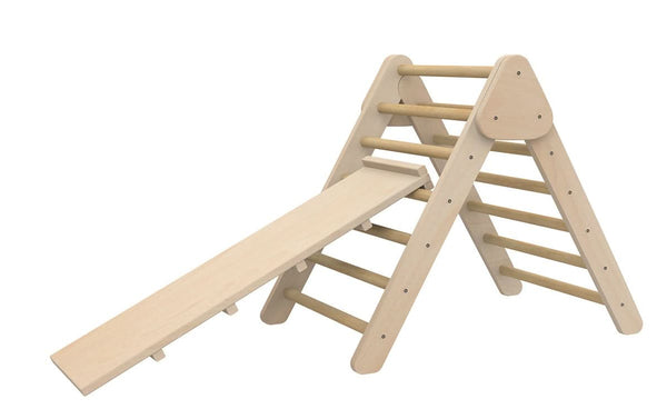 Olive Pikler Triangle Ladder and Climber Slide in multiple sizes, perfect for indoor play and development.