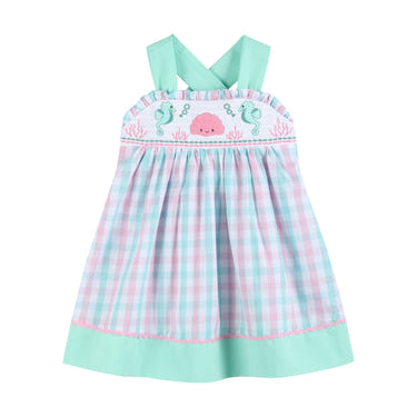 Pink and aqua seashell smocked sundress for babies, perfect for summer outings and beach days.