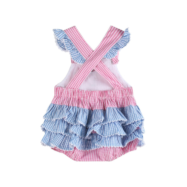 Pink and Blue Bunny Face Ruffle Romper