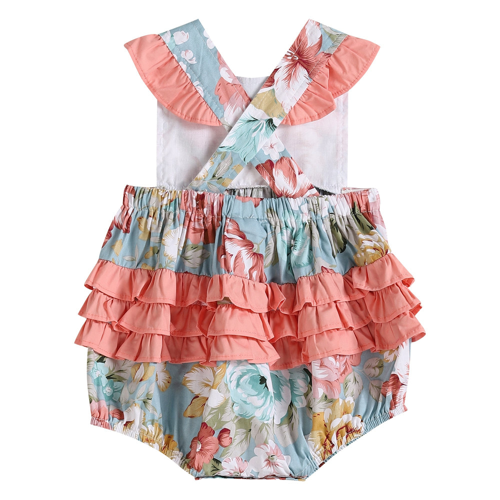 Pink and Blue Floral Print Ruffle Romper
