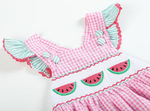 Pink and Green Watermelon Smocked Bubble Ruffle Romper