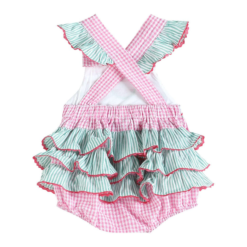 Pink and green watermelon smocked bubble ruffle romper for babies, perfect for summer fun and stylish playtime.