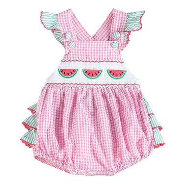 Pink and green watermelon smocked bubble ruffle romper for babies, perfect for summer fun and stylish playtime.