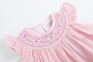 Pink and White Bows Smocked Bishop Dress