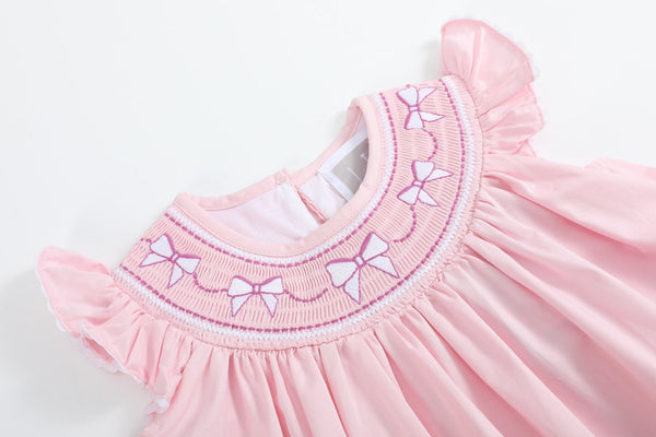 Pink and White Bows Smocked Bishop Dress
