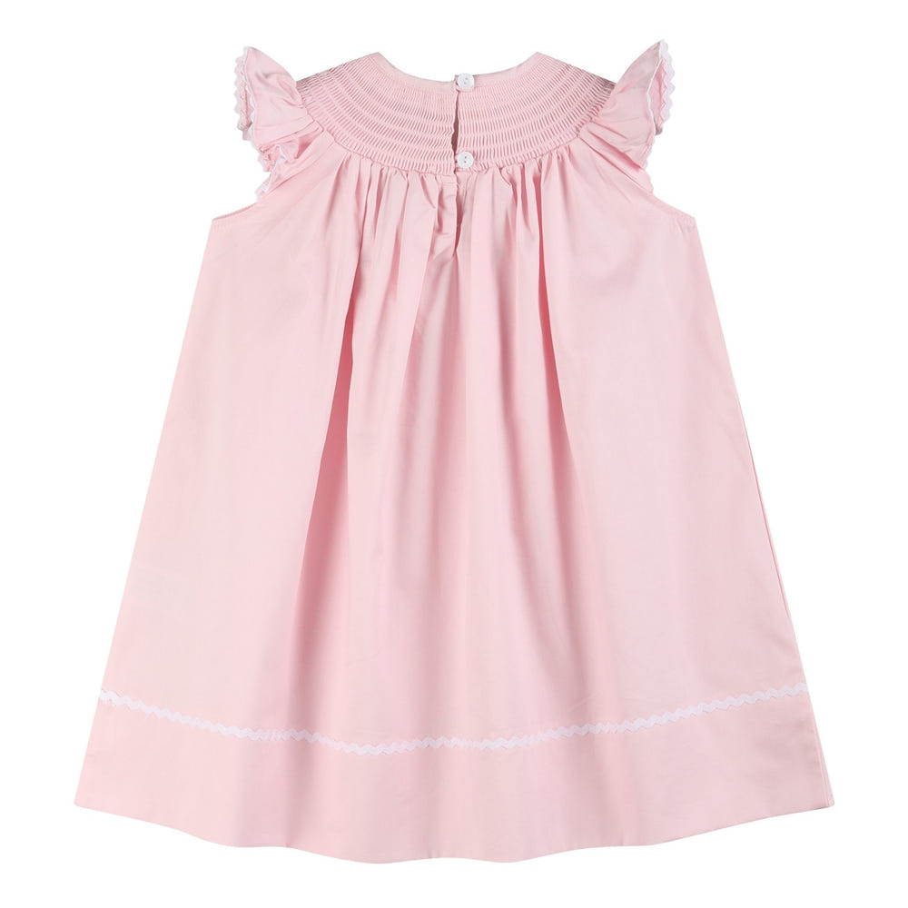 Pink and white bows smocked bishop dress for baby girls, perfect for special occasions.