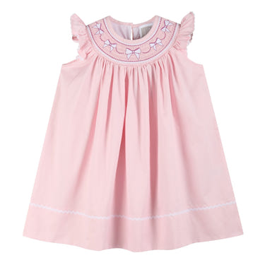 Pink and white bows smocked bishop dress for baby girls, perfect for special occasions.
