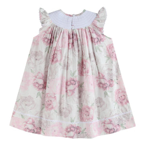 Pink and white peony bunny smocked bishop dress for babies, shown at angle 4. Perfect for special occasions.