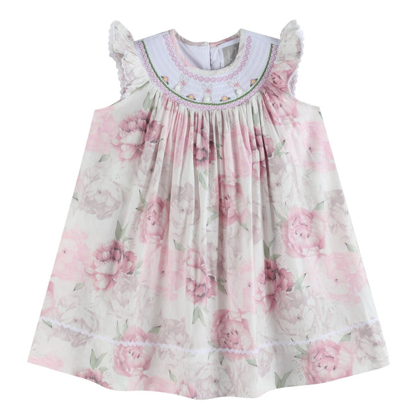 Pink and white peony bunny smocked bishop dress for babies, perfect for special occasions and everyday wear.