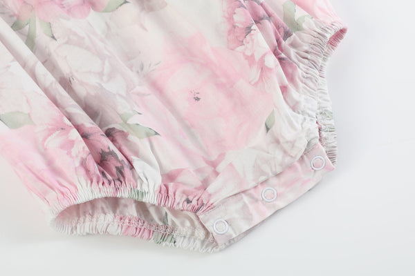 Pink and White Peony Bunny Smocked Flutter Bubble Romper