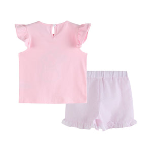 Pink Bunny T-Shirt and Shorts Set for babies, angle view showcasing cute design and soft fabric.