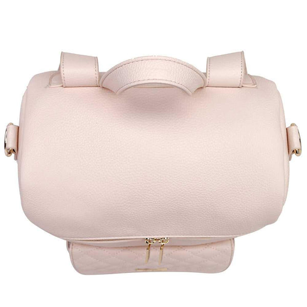 Pastel pink signature diaper bag at angle 8, stylish and functional for modern parents.