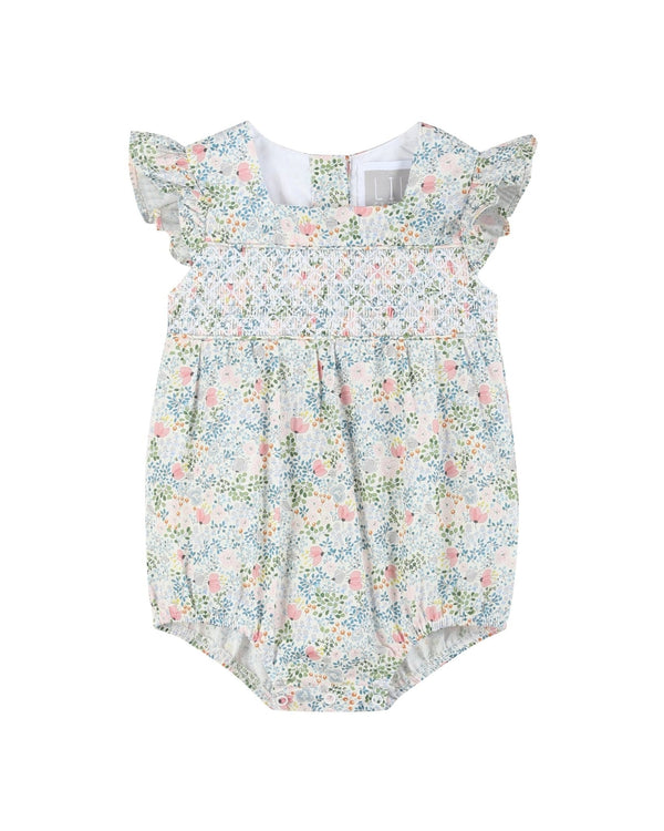 Pink Floral Print Smocked Flutter BubbleRomper