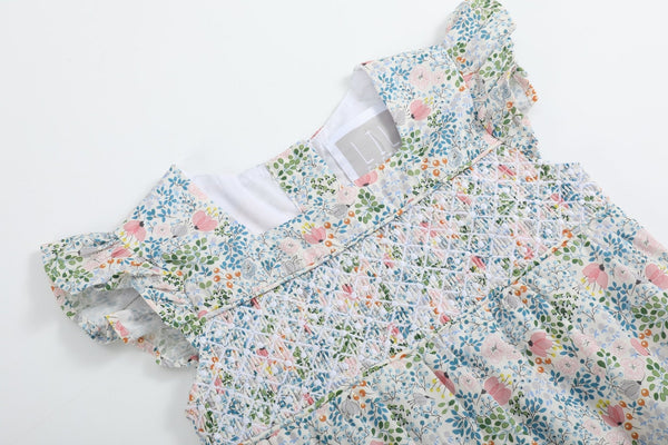 Pink Floral Print Smocked Flutter BubbleRomper