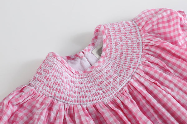 Pink Gingham Classic Smocked Bishop Dress for babies, angle view showcasing charming design and soft fabric.