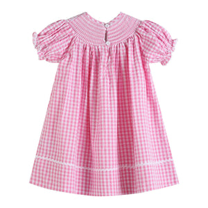 Pink Gingham Classic Smocked Bishop Dress for babies, showcased from angle 2, featuring a charming design.