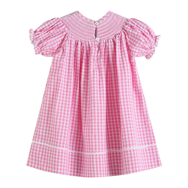 Pink Gingham Classic Smocked Bishop Dress for babies, showcased from angle 2, featuring a charming design.