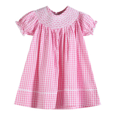 Pink Gingham Classic Smocked Bishop Dress for baby girls, featuring a timeless design and comfortable fit.