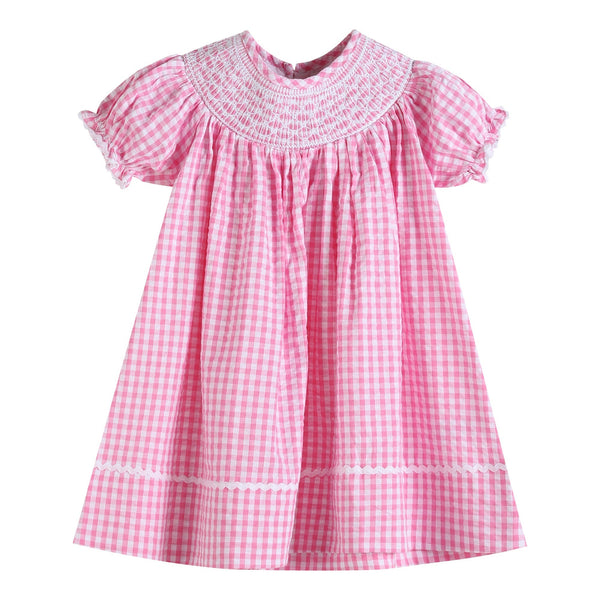 Pink Gingham Classic Smocked Bishop Dress for baby girls, featuring a timeless design and comfortable fit.