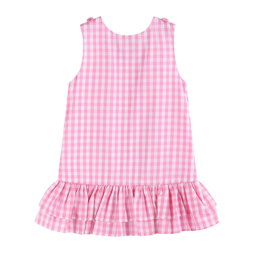 Pink Gingham Flamingo Tulle Ruffle Dress for babies, perfect for stylish summer outings.