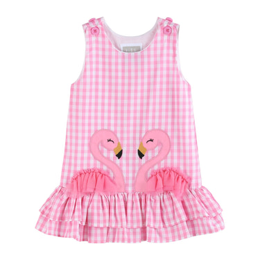 Pink Gingham Flamingo Tulle Ruffle Dress for babies, perfect for stylish summer outings.