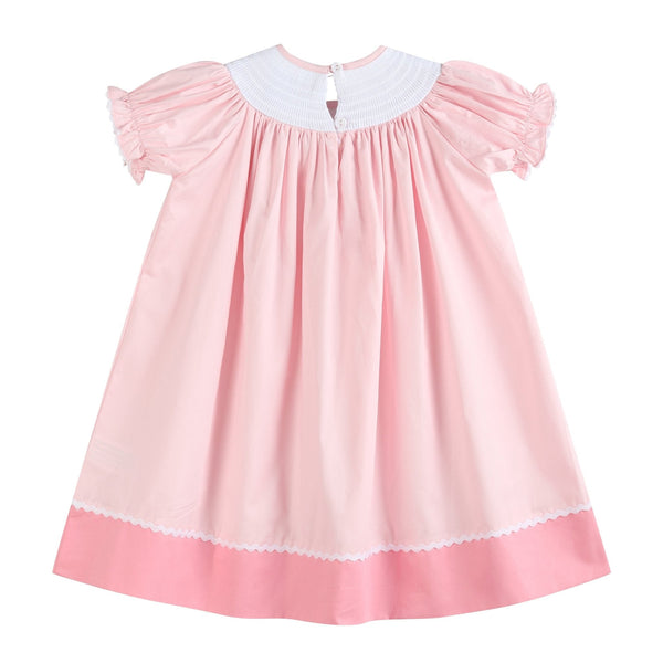 Pink Hearts & Bows Smocked Bishop Dress for babies, shown from angle 2, featuring a charming design and soft fabric.