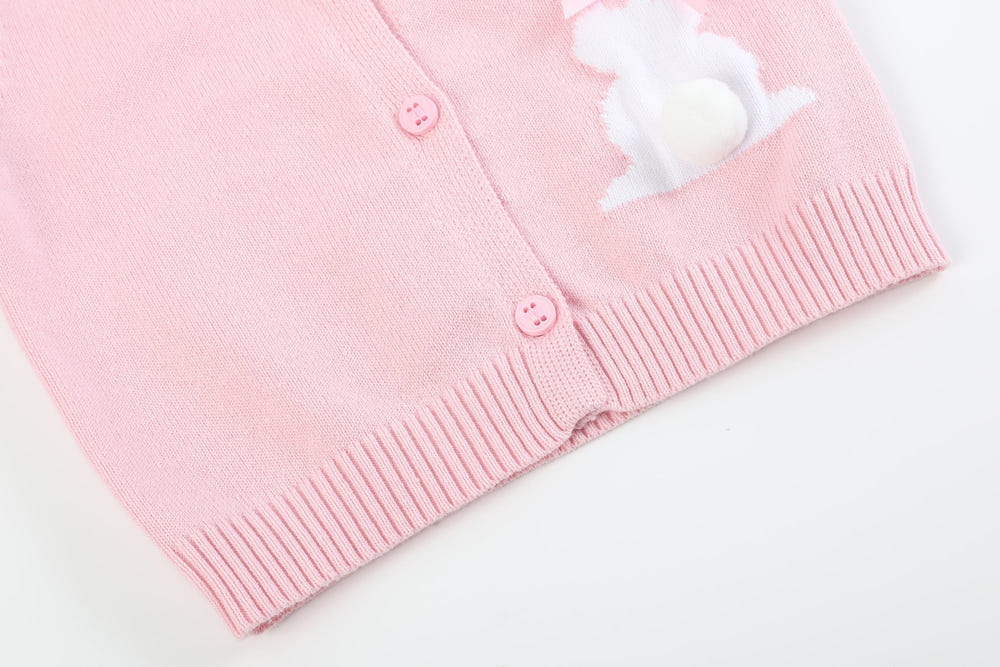 Pink knit Easter bunny cardigan for babies, perfect for spring outfits and cozy comfort.