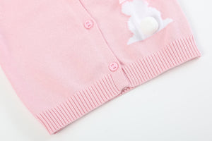 Pink knit Easter bunny cardigan for babies, showcasing a cozy design from angle 2. Perfect for spring outfits!