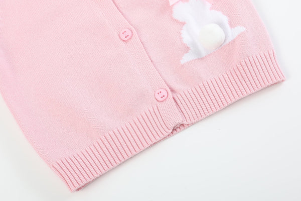 Pink knit Easter bunny cardigan for babies, showcasing a cozy design from angle 2. Perfect for spring outfits!