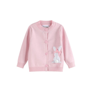 Pink knit Easter bunny cardigan for babies, perfect for spring outfits and cozy comfort.