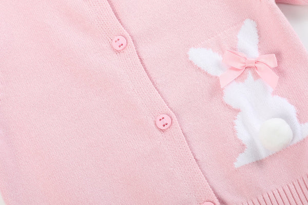 Pink knit Easter bunny cardigan for babies, cozy and adorable, shown from angle 3. Perfect for spring outfits.