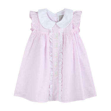 Pink seersucker Easter bunny ruffle dress for babies, perfect for spring celebrations and special occasions.