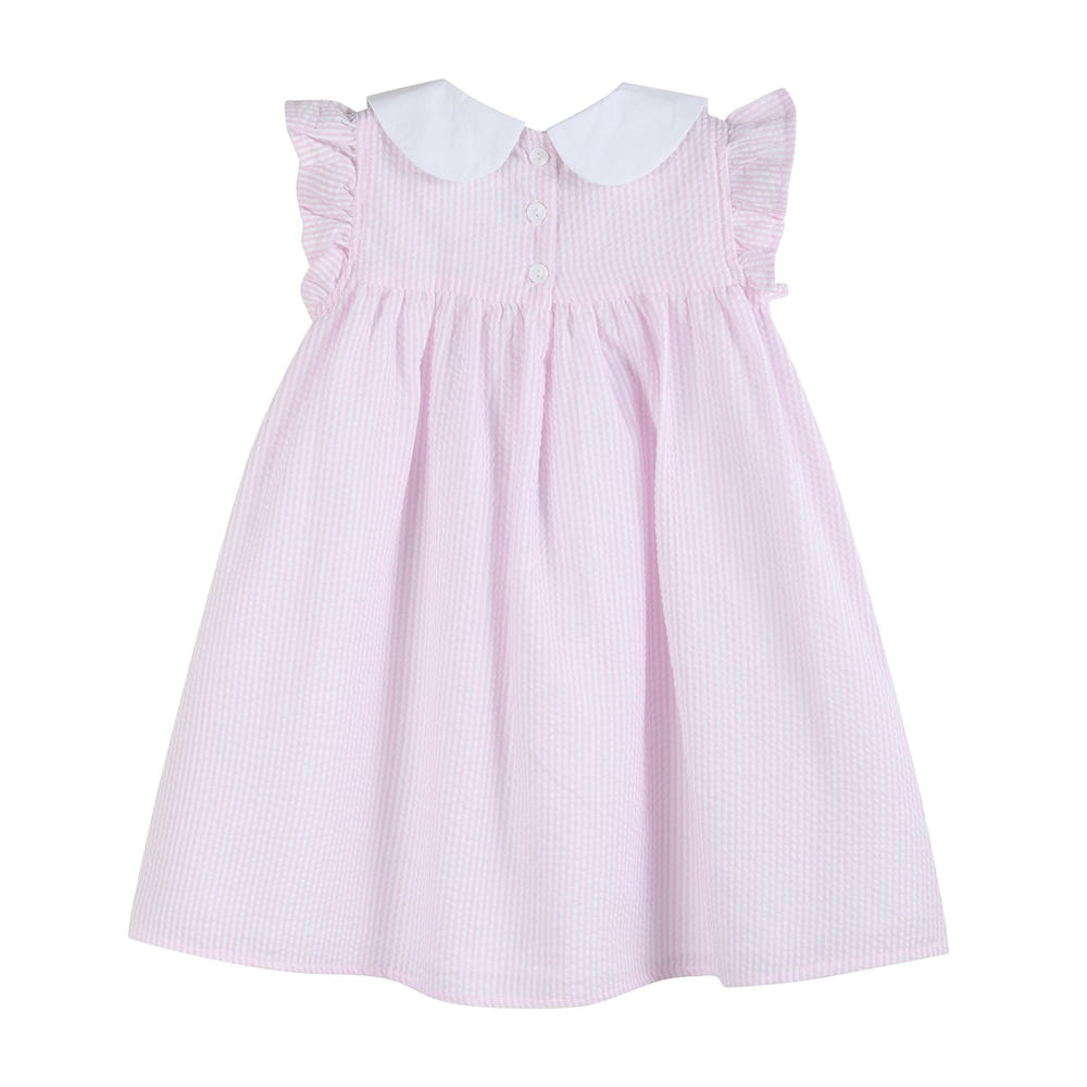 Pink seersucker Easter bunny ruffle dress for babies, perfect for spring celebrations and special occasions.