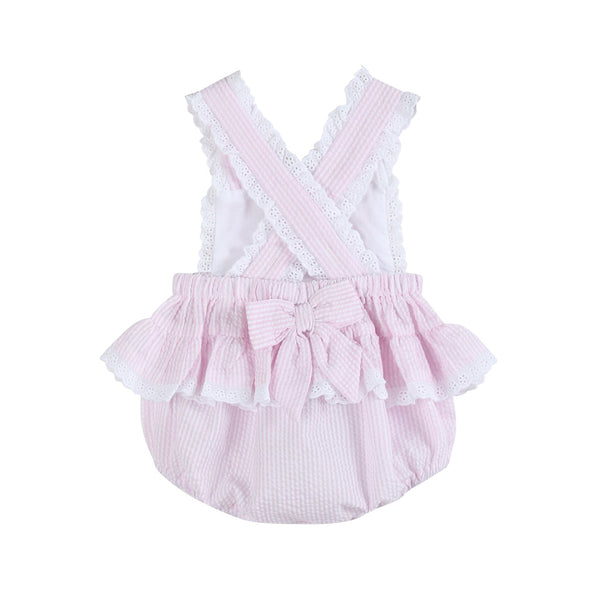Pink Seersucker Bunny Ruffle Bubble Romper
