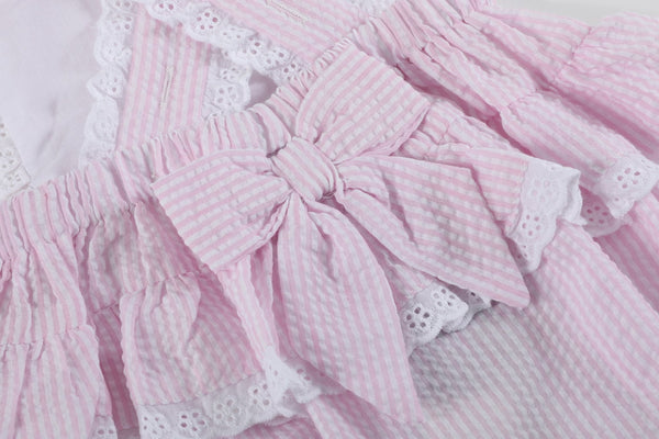 Pink Seersucker Bunny Ruffle Bubble Romper