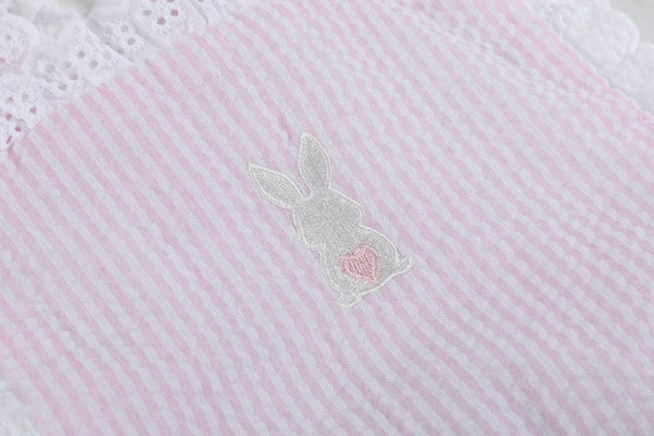 Pink Seersucker Bunny Ruffle Bubble Romper